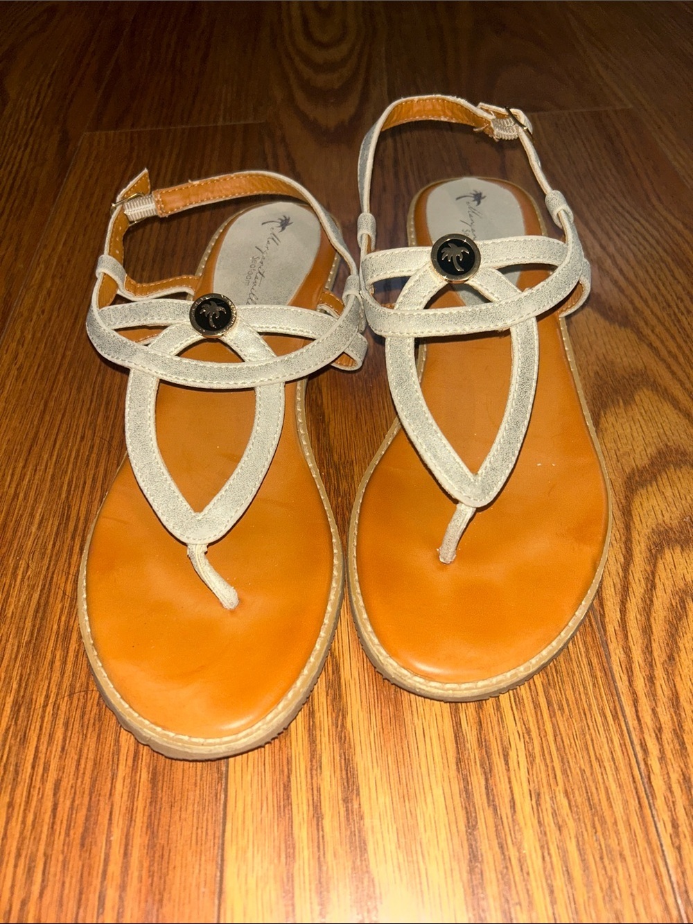 Mary Margaret Sealey Sandal Beige Strappy Thong Sandals Palm Decorative Button 9